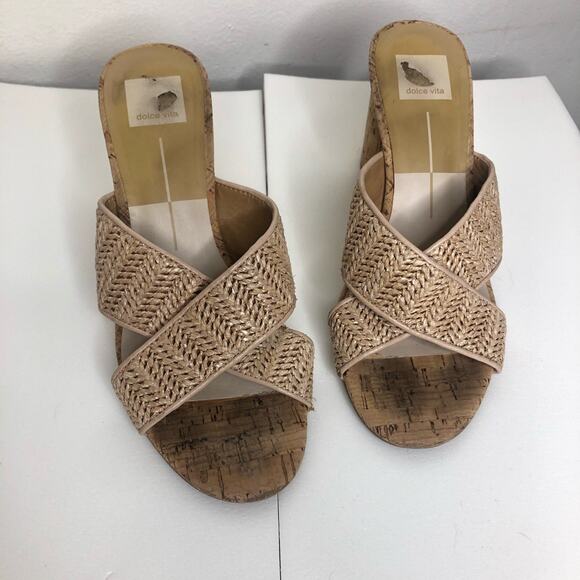 Dolce Vita Sandals Cross Over Woven Jute Cork Block Heel Slip On Tan 8.5 - Picture 3 of 9